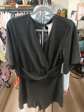 She and Sky Black Sparkle Wrap-Front Short Sleeve Romper